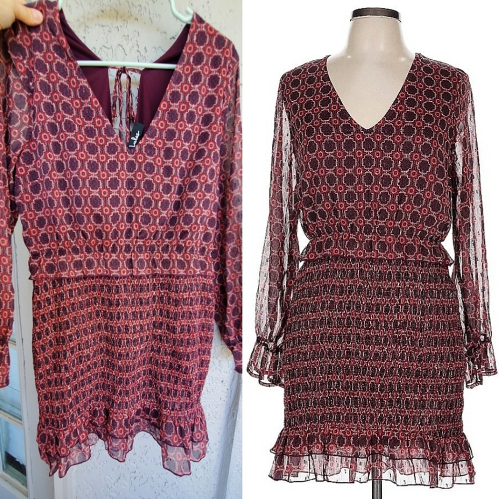 Lulus Chic Red and Black Patterned Smocked Mini Dress L